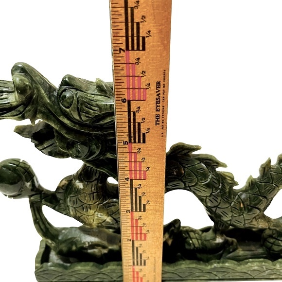 Carved Stone Fierce Dragon Statue Holding Orb Sphere Ball Green Maybe Old Jade - Picture 9 of 11